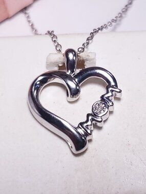 Estate .01ct Natural Diamond Open Heart MOM Sterling Silver 18" Necklace #24368
